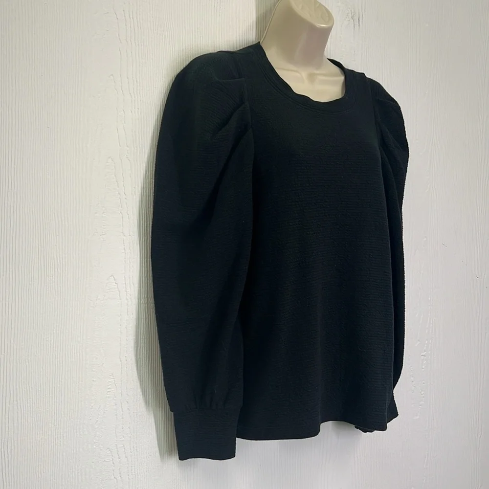 Madewell - Textured Button Puff Long Sleeve Black Crewneck Blouse Size Medium